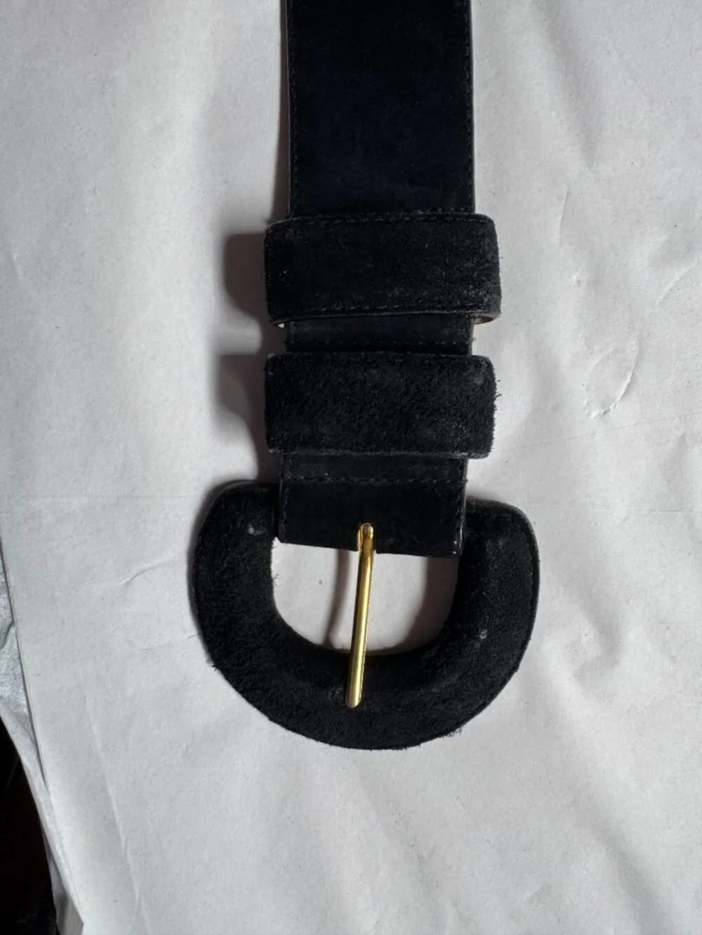Lord and Taylor Vintage Black Suede Leather Belt With Gold-Tone Buckle Medium Ge